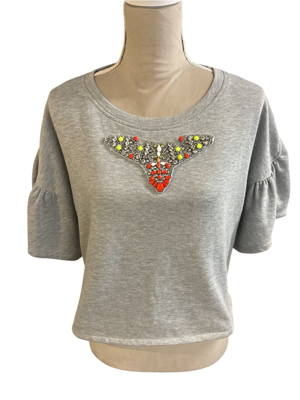 Line & Dot Gray Crop Top with Neon Bead Embellishment